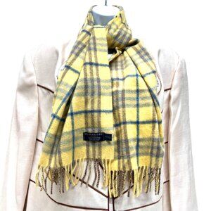 Burberry Of London Scarf 100% Cashmere Yellow blue gray  Plaid Check 58"x12"(12